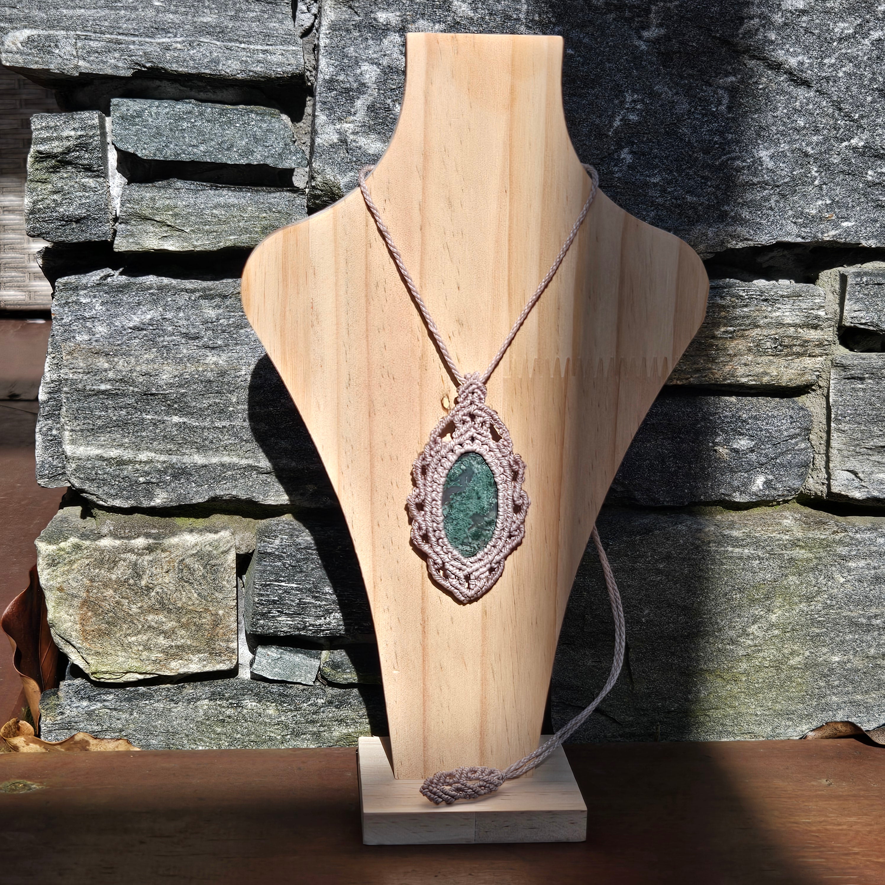 Secret Place Necklace - Handmade Macramé Pendant with Green Moss