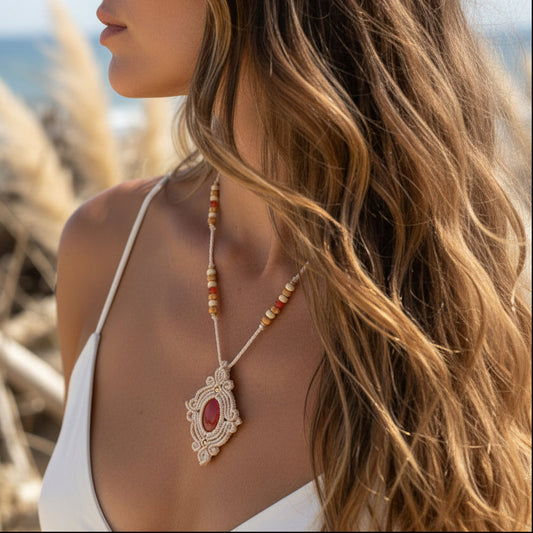 Woman with long hair and a necklace standing on a beach