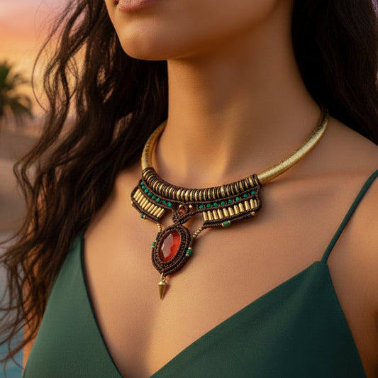 Ornate necklace on a model with a desert oasis background