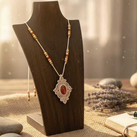 Necklace with beads and a central stone on a black stand against a stone wall.