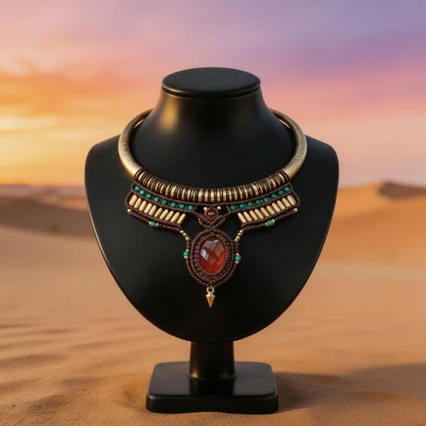 Ornate necklace on a black mannequin bust with a desert landscape background