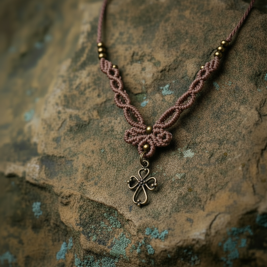 Knot & Cross Necklace – Rosewood thread / All beads antique bronze