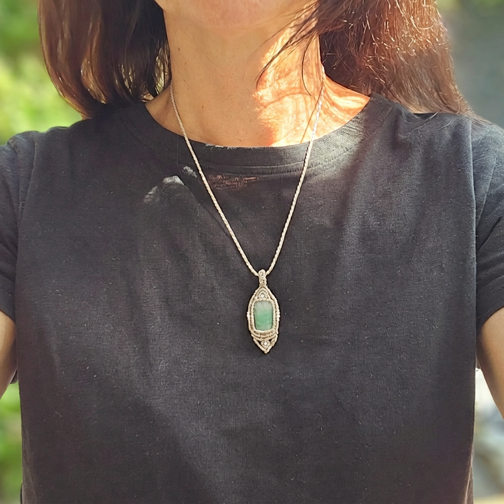 Model photo with necklace colours matched to the display-stand reference