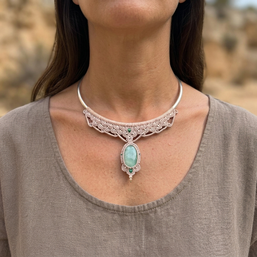 Necklace on a head-cropped model with long dark brown hair, tanned skin and an earthy ancient setting