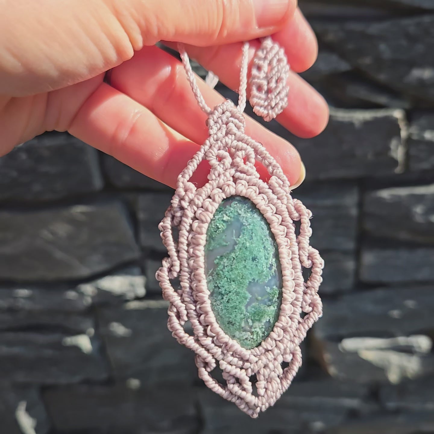 Secret Place Necklace - Handmade Macramé Pendant with Green Moss