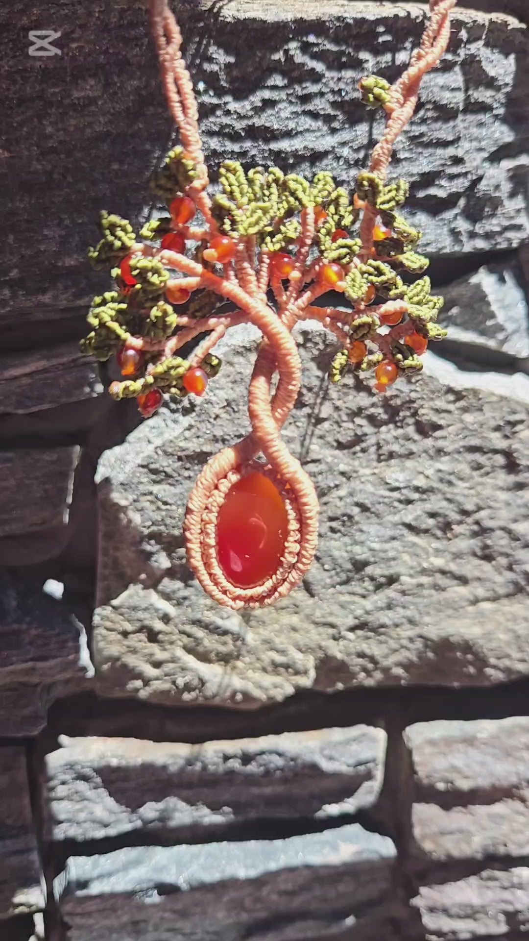 Handmade Christian macrame necklace with green leaf design